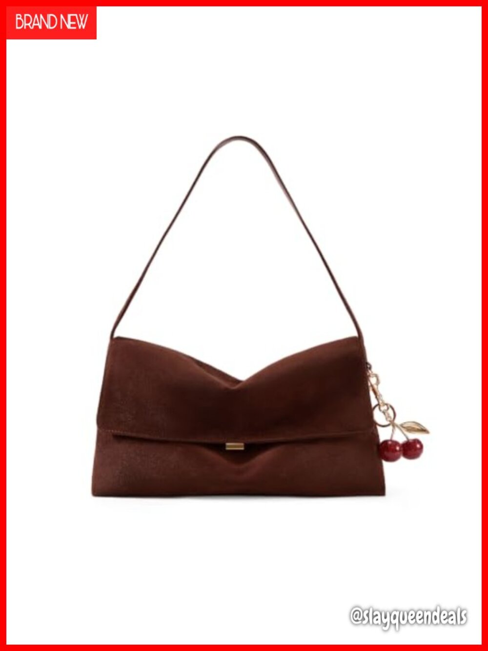 Faux Suede Hobo Shoulder Bag with Flap Closure and Gold Charm